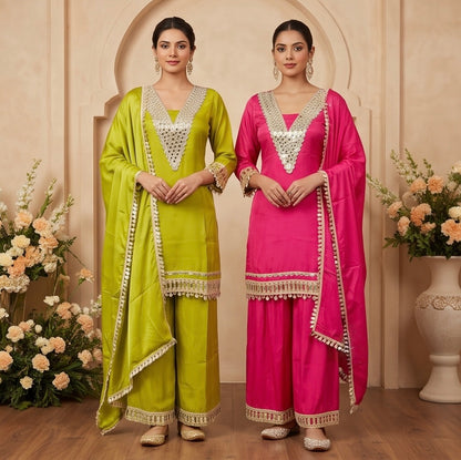 Women's Designer 3-Piece Suit Set – Kurti, Palazzo & Dupatta (Embroidered/Printed) – Party & Festive Wear