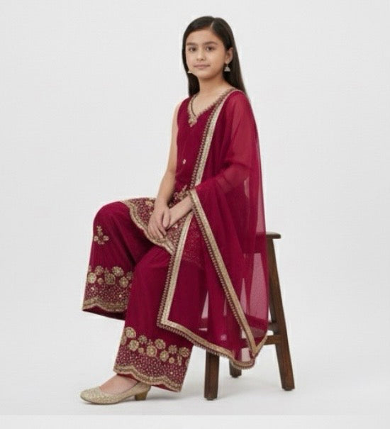 Girls' Embroidered Kurta & Palazzo Set