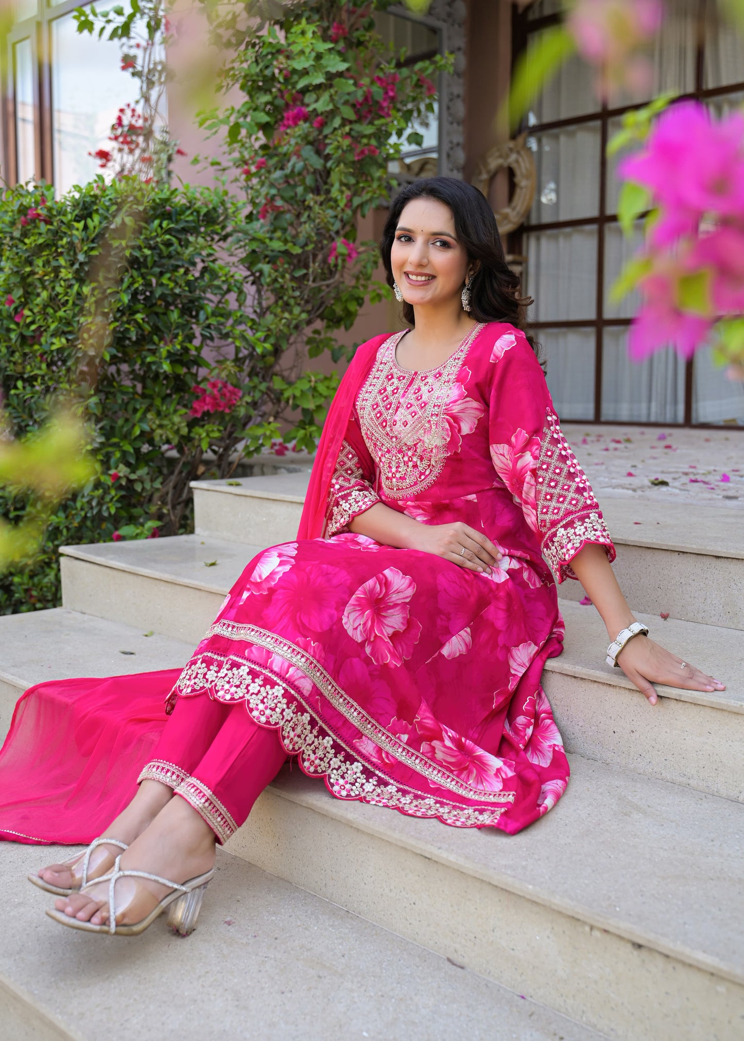 Women's 3-Piece Frock Kurta Set with Palazzo & Dupatta