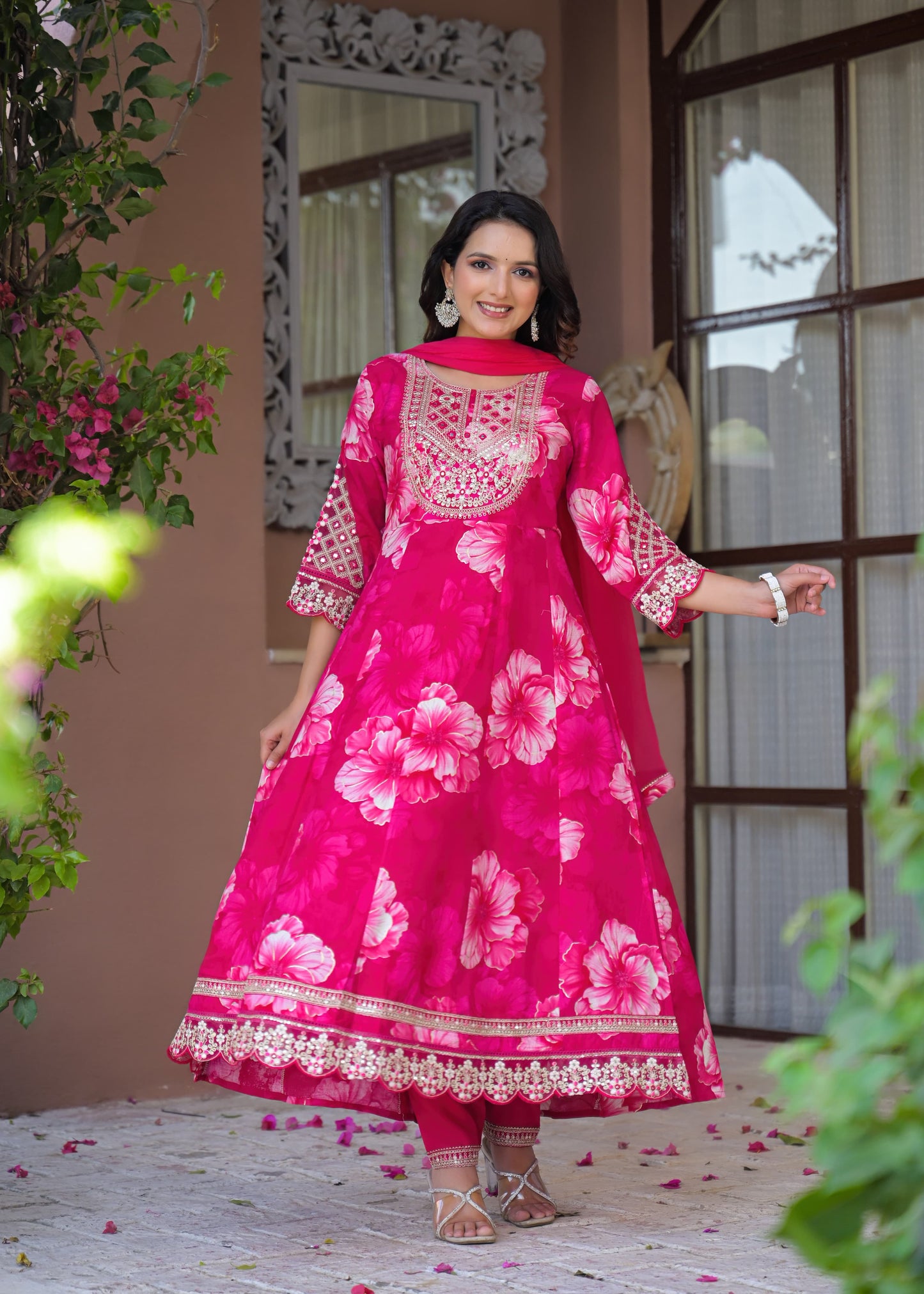 Women's 3-Piece Frock Kurta Set with Palazzo & Dupatta