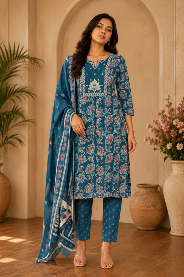 Women's 3-Piece Kurta Set with Palazzo & Dupatta