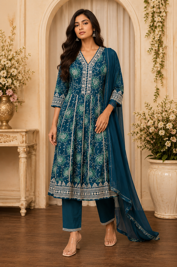 Women's 3-Piece Frock Kurta Set with Palazzo & Dupatta