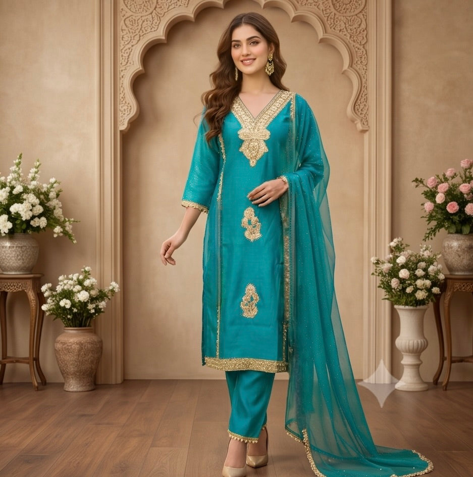 Women's 3-Piece Kurta Set with Palazzo & Dupatta