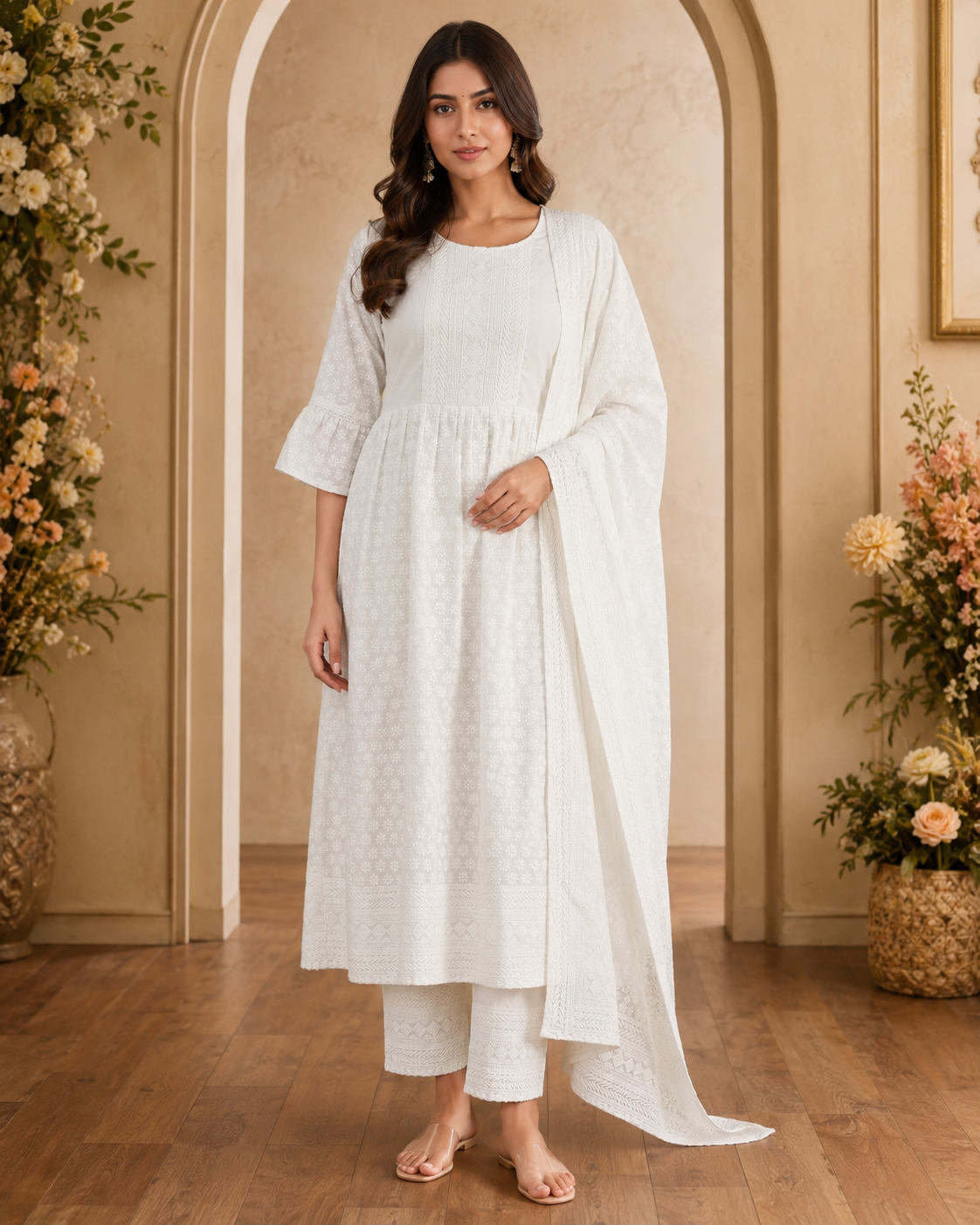 Women's 3-Piece Frock Kurta Set with Palazzo & Dupatta
