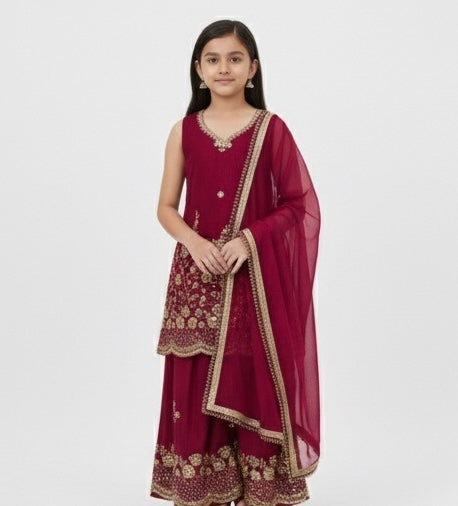 Girls' Embroidered Kurta & Palazzo Set