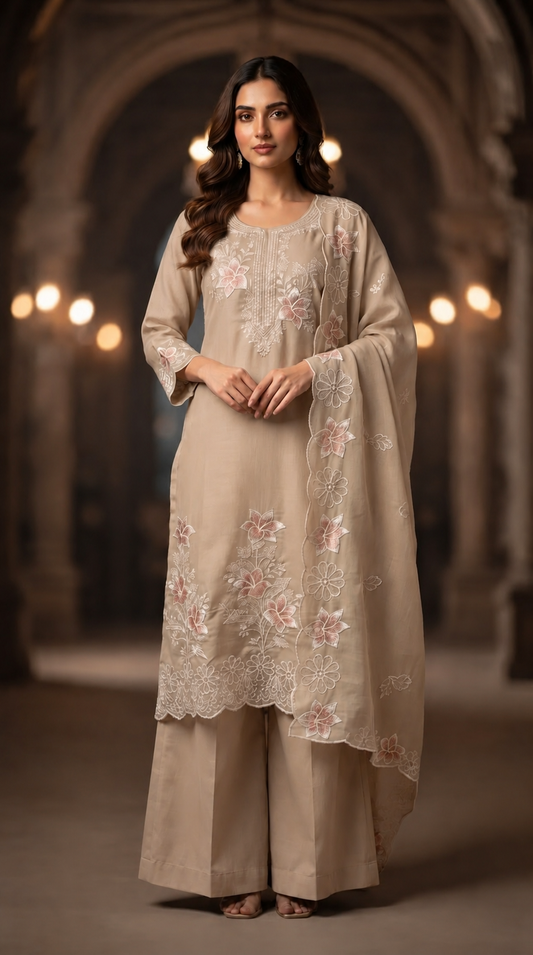 Beige Embroidered Kurta Set