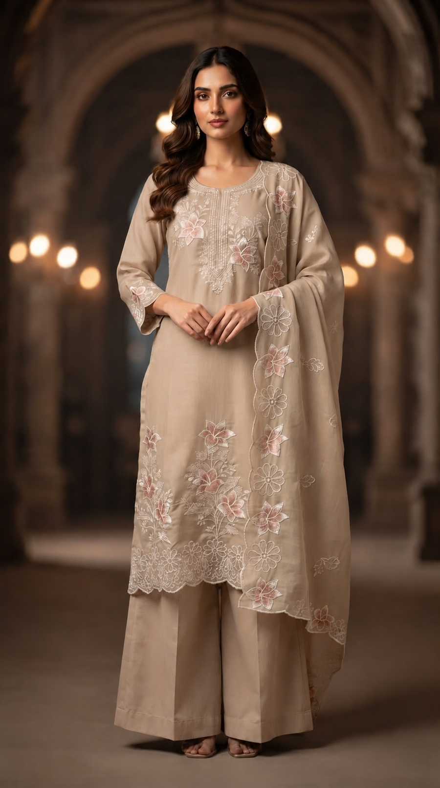Beige Embroidered Kurta Set