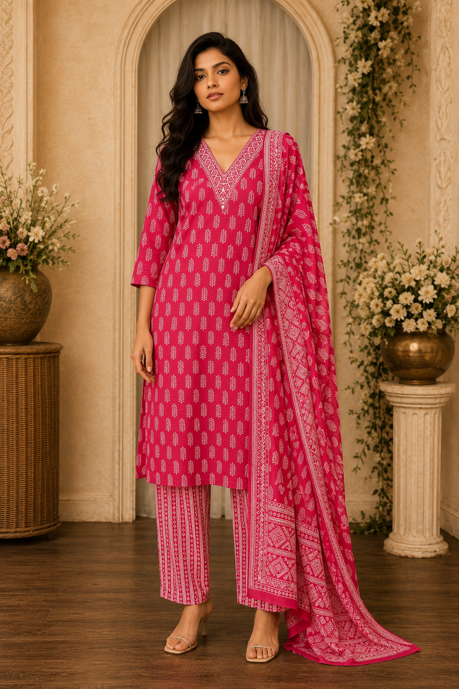 Women's 3-Piece Kurta Set with Palazzo & Dupatta