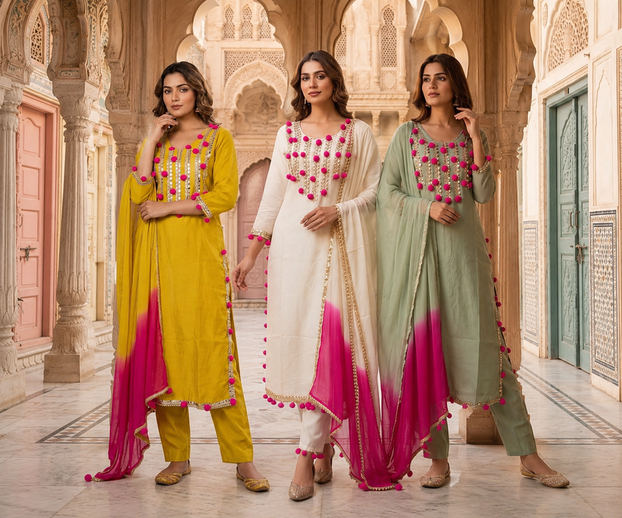 Women's 3-Piece Kurta Set with Palazzo & Dupatta