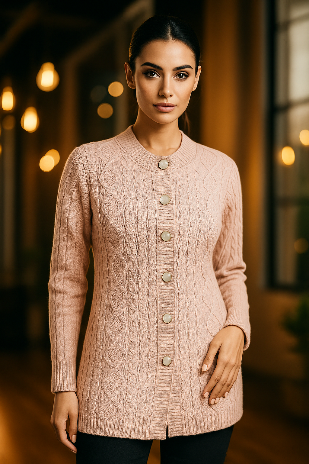 Women's Premium Cable Knit Woolen Cardigan – Front Button Long Winter Sweater