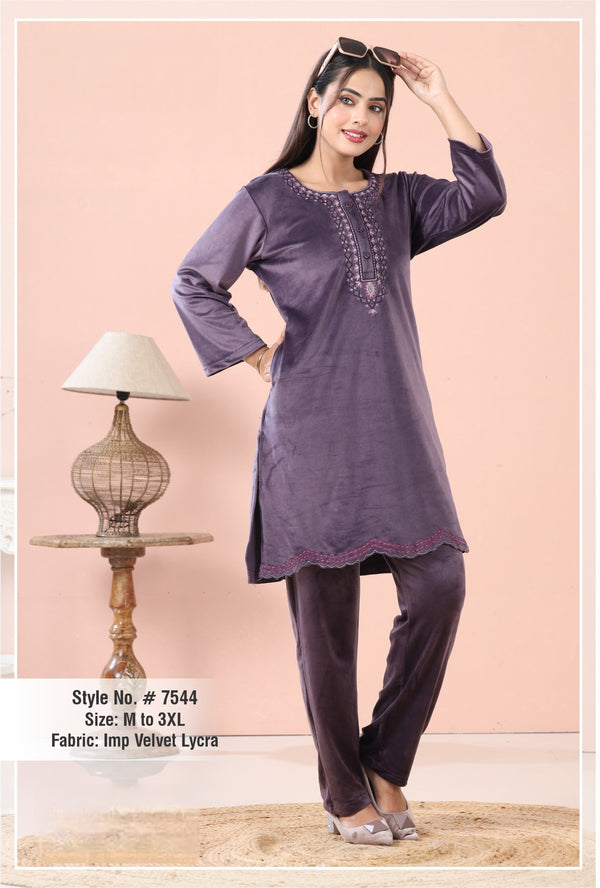 Women's Premium Velvet Lycra Embroidered Night Suit