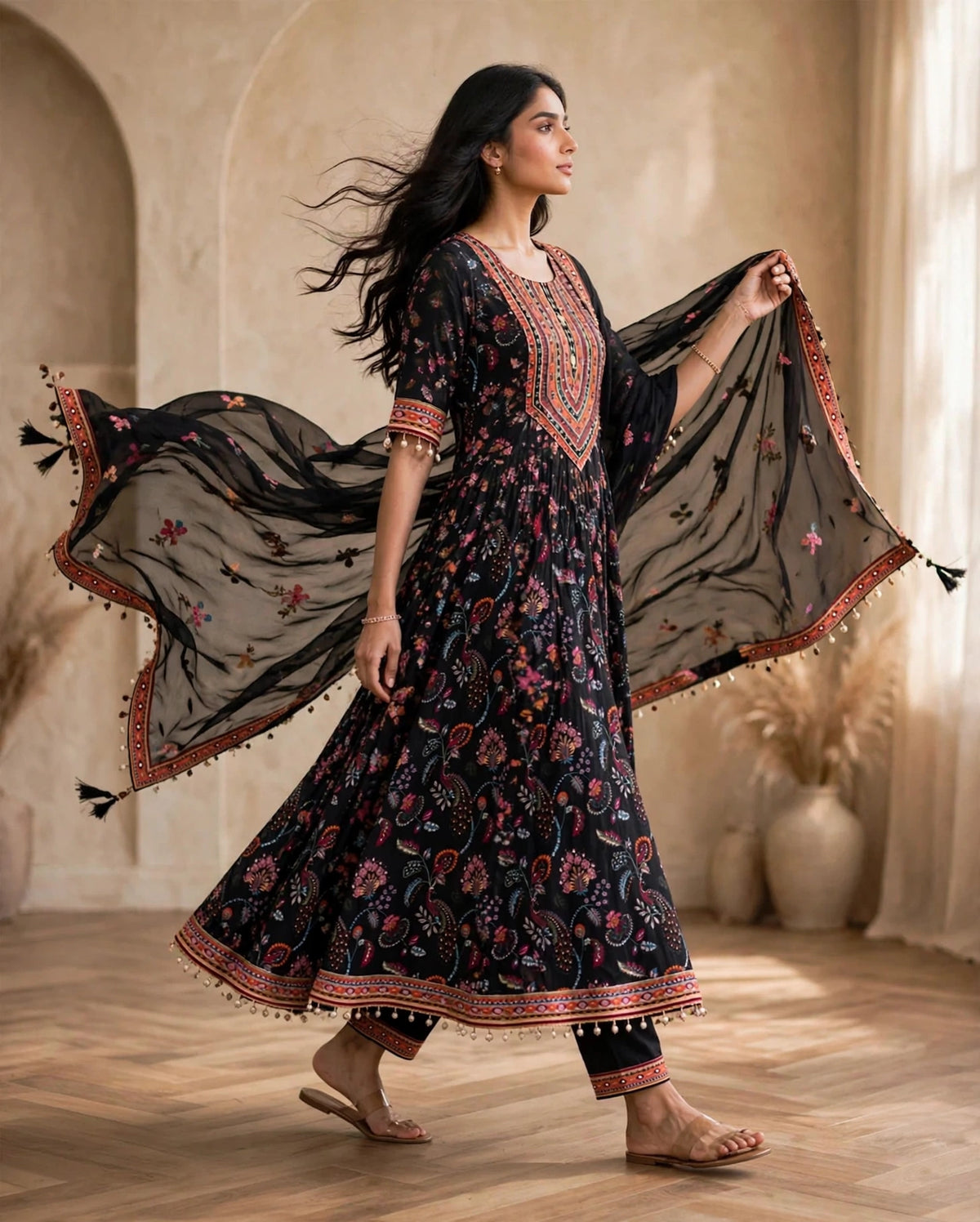 Women's 3-Piece A Shape Kurta Set with Palazzo & Dupatta