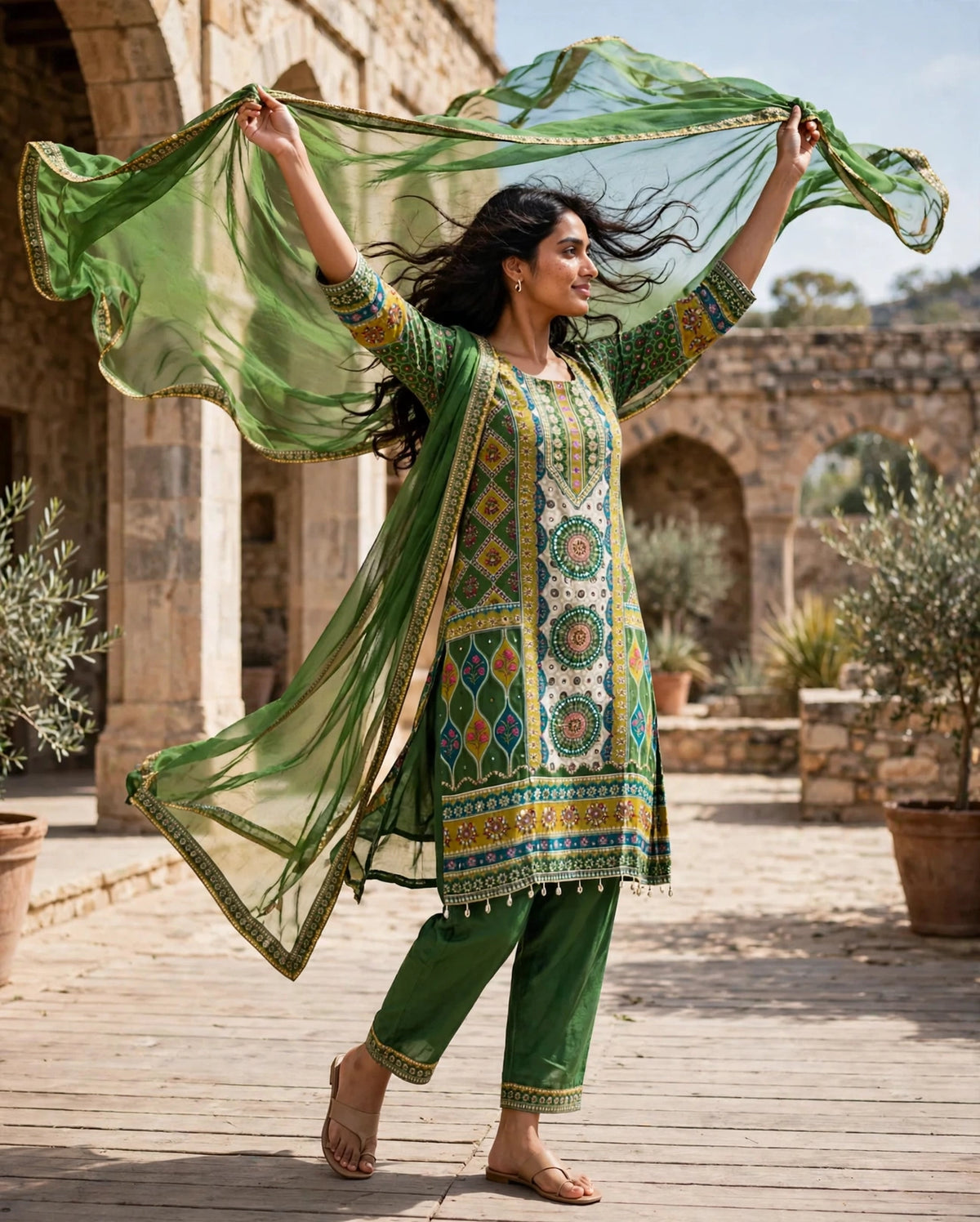 Women's 3-Piece Kurta Set with Palazzo & Dupatta