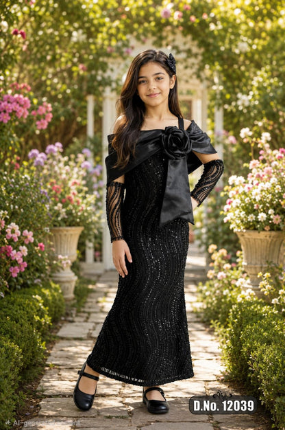 Sequin Bow Mermaid Gown - Black & White
