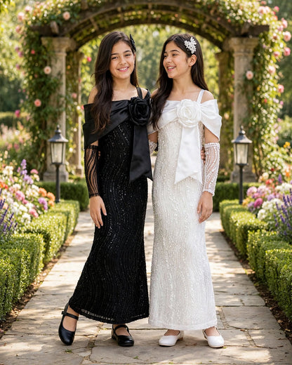 Sequin Bow Mermaid Gown - Black & White