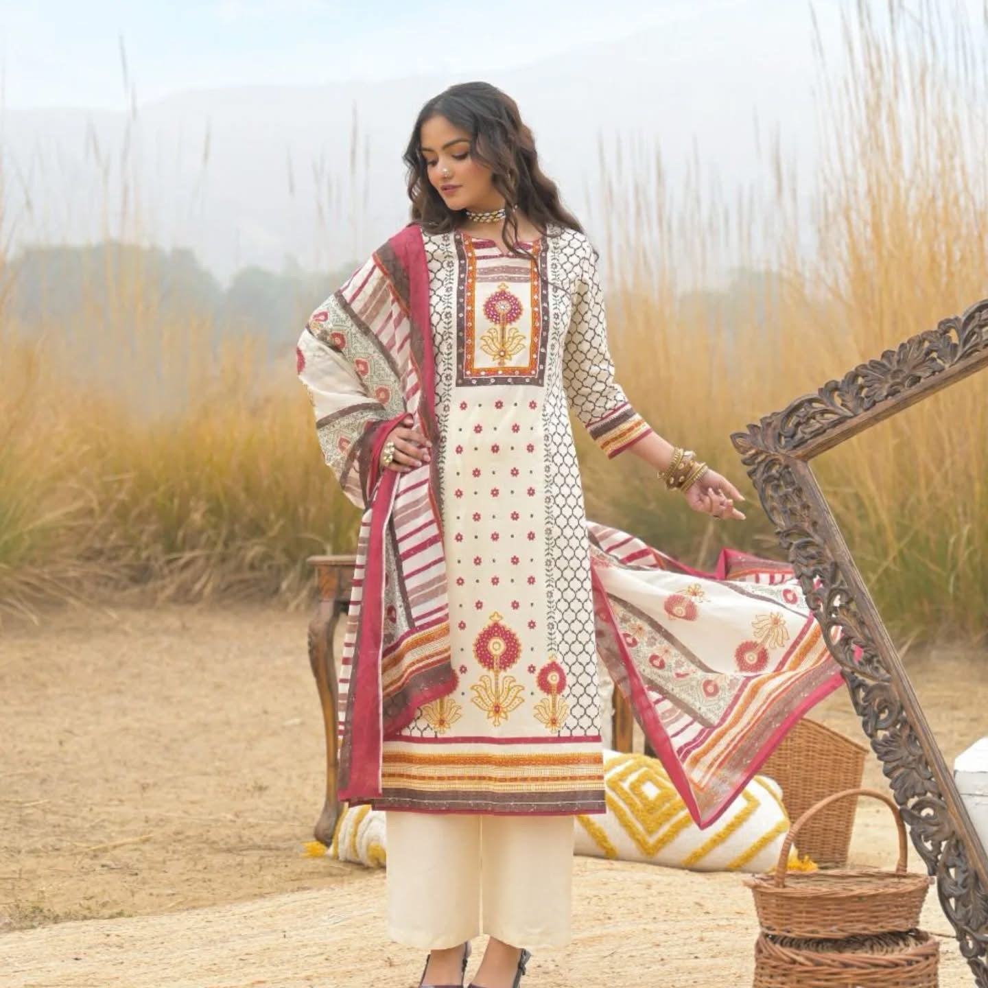 Women's 3-Piece Kurta Set with Palazzo & Dupatta