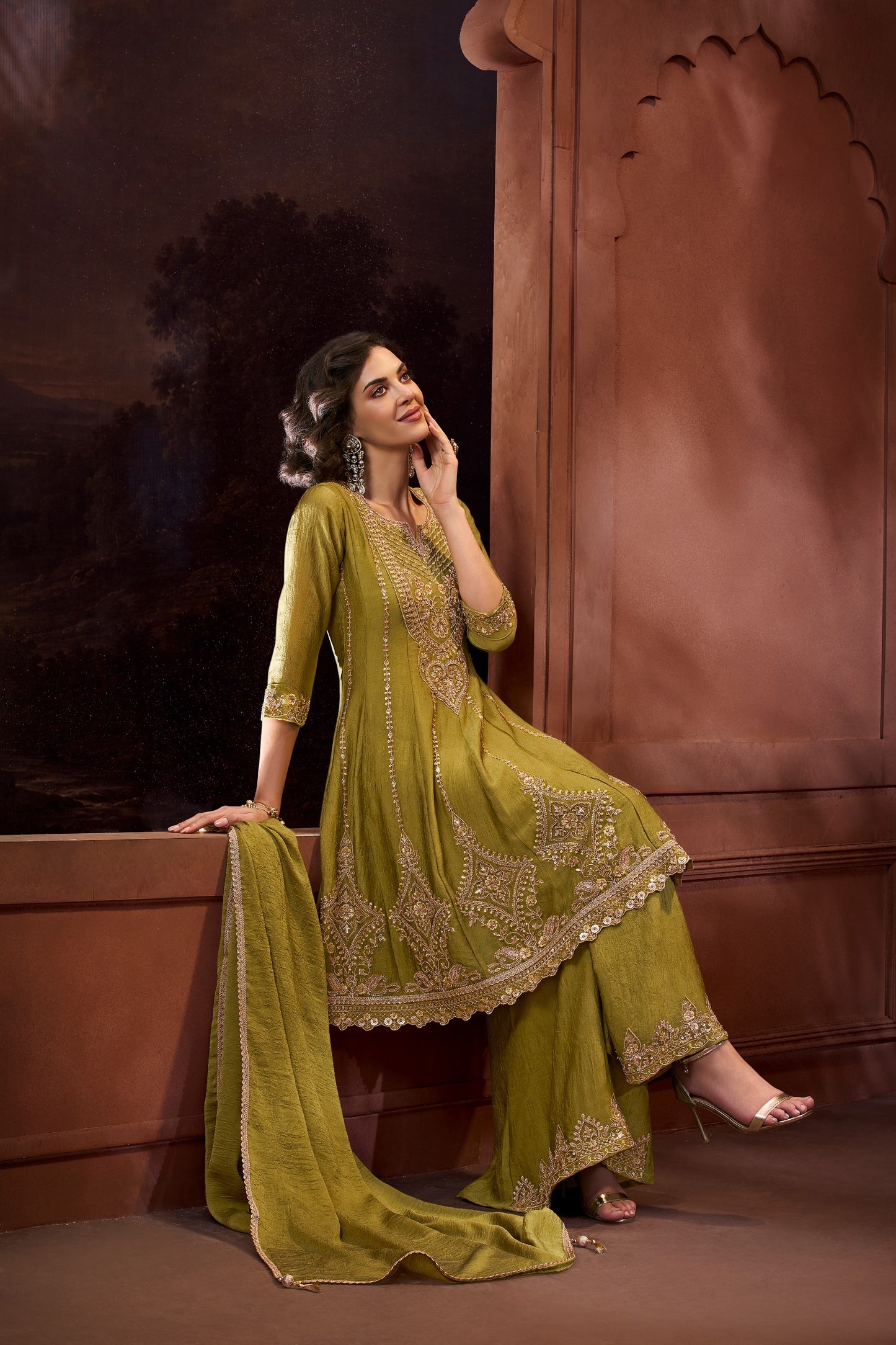 Women's 3-Piece Frock Kurta Set with Palazzo & Dupatta