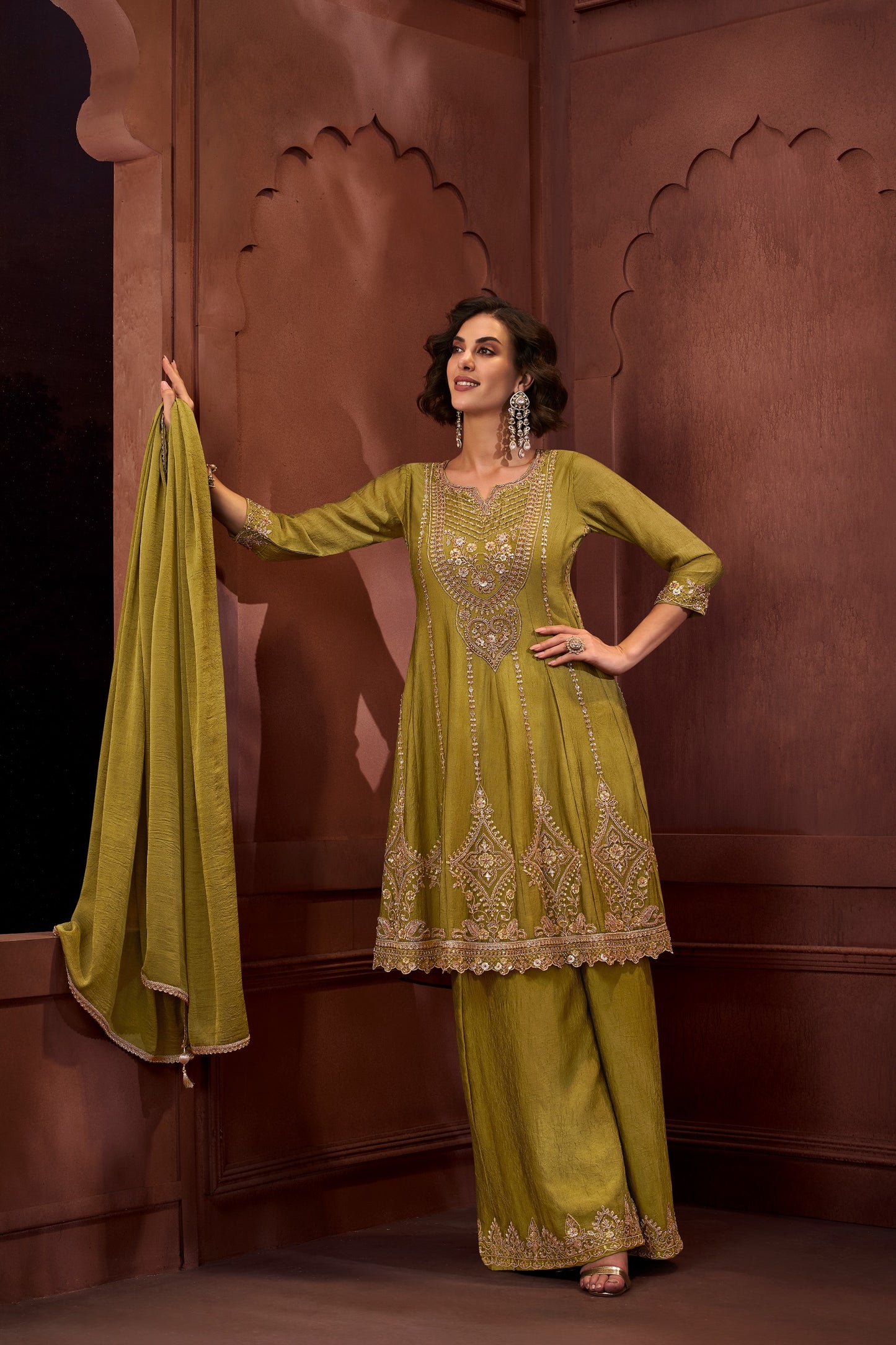 Women's 3-Piece Frock Kurta Set with Palazzo & Dupatta