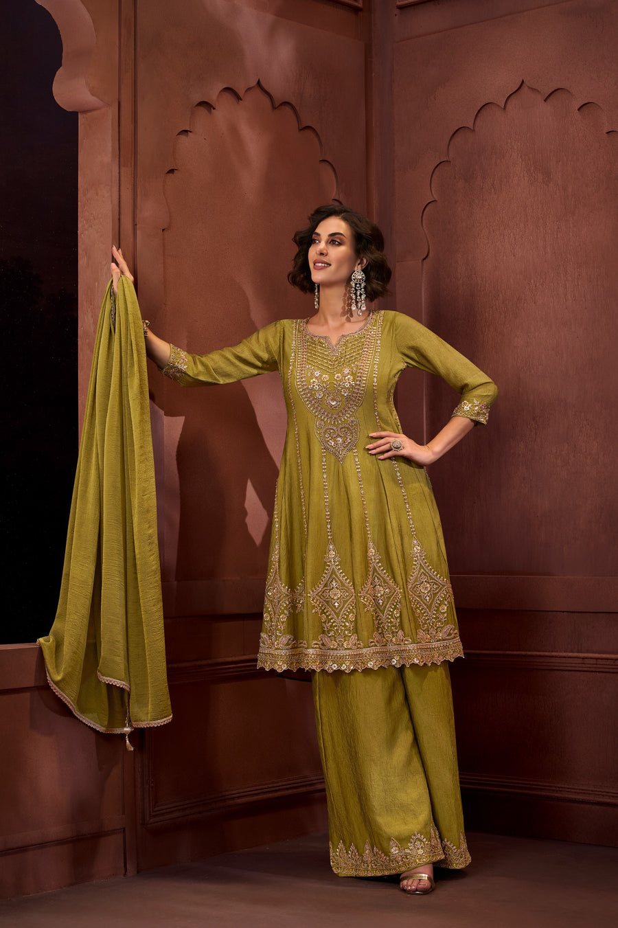 Women's 3-Piece Frock Kurta Set with Palazzo & Dupatta