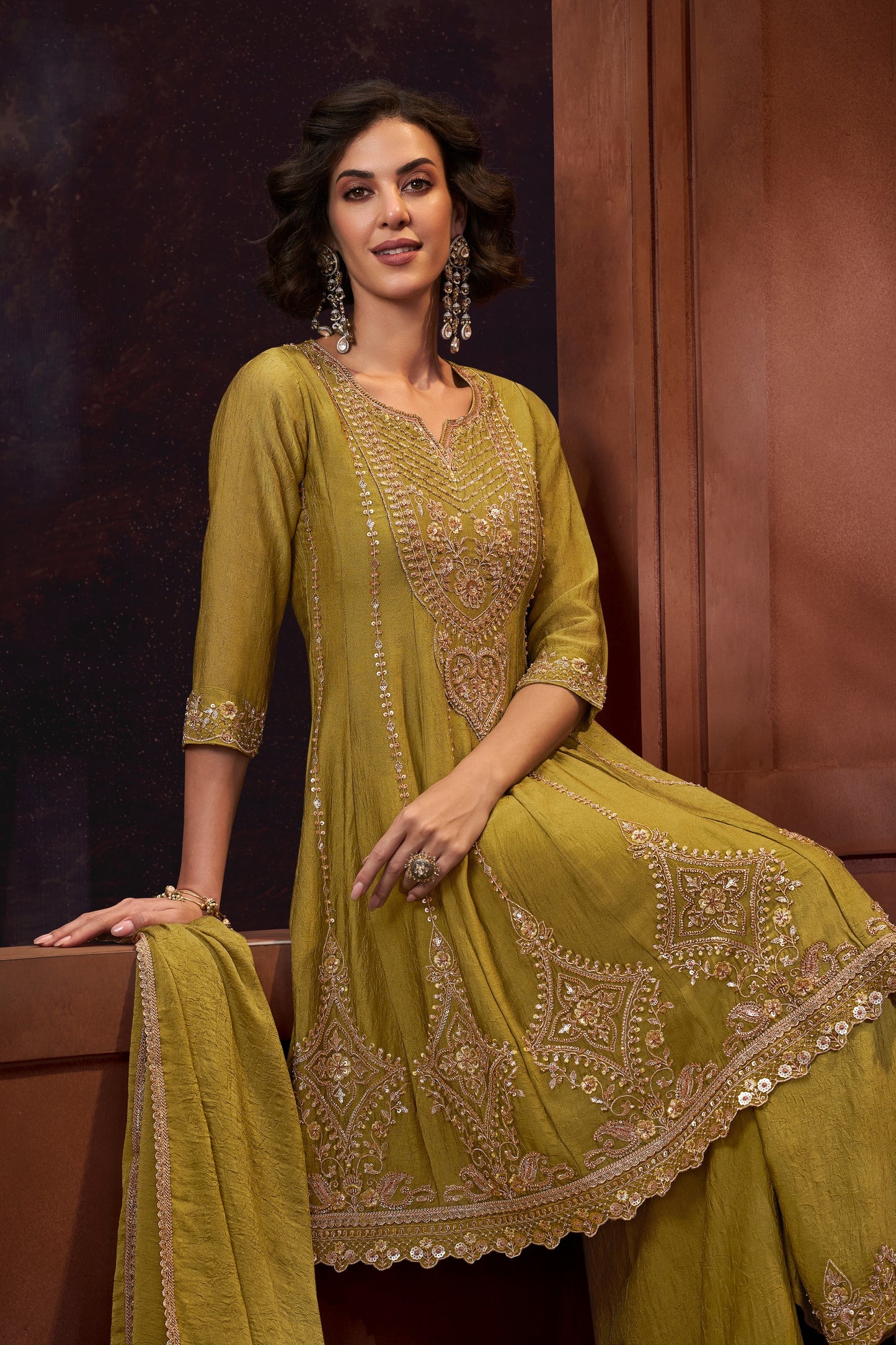 Women's 3-Piece Frock Kurta Set with Palazzo & Dupatta