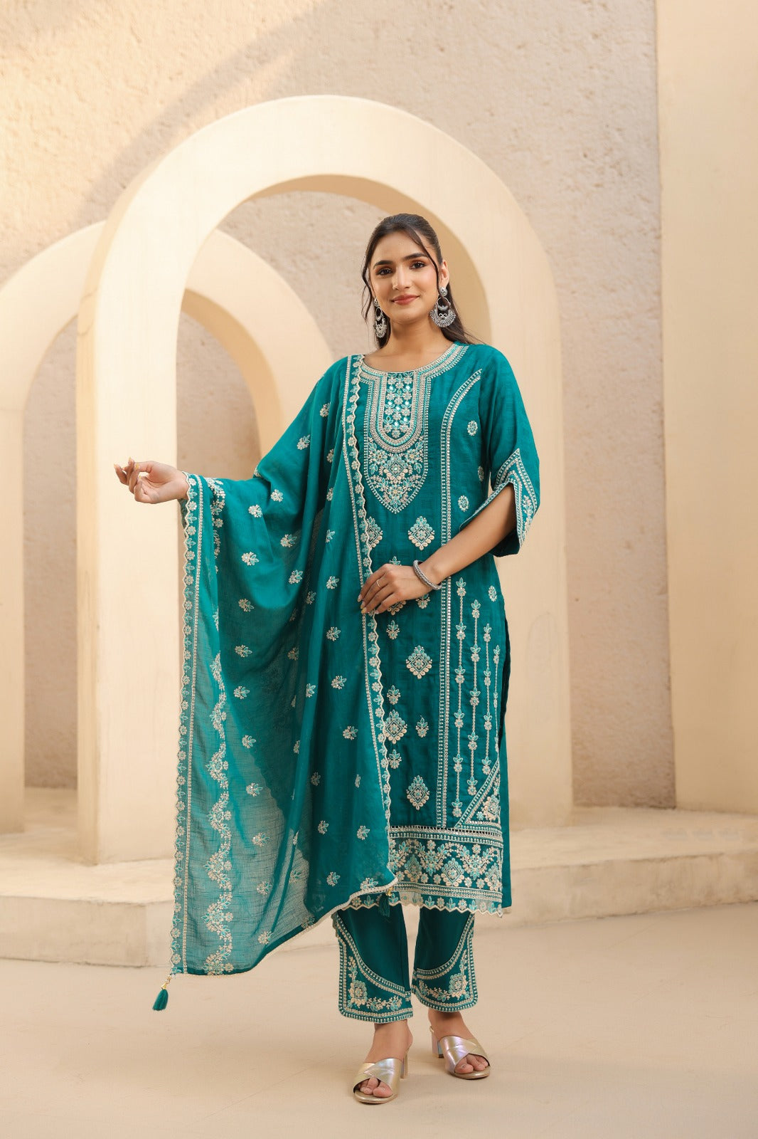 Women's 3-Piece Kurta Set with Palazzo & Dupatta