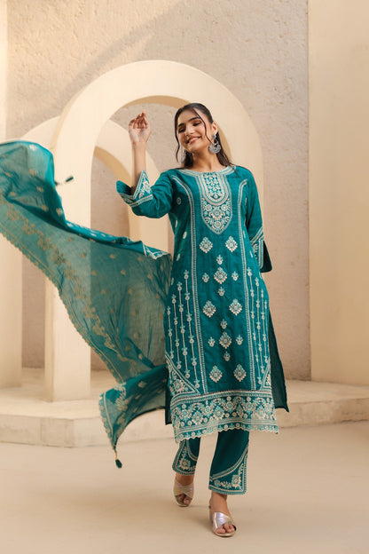 Women's 3-Piece Kurta Set with Palazzo & Dupatta