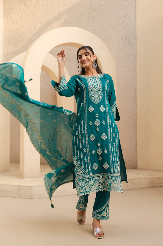Women's 3-Piece Kurta Set with Palazzo & Dupatta
