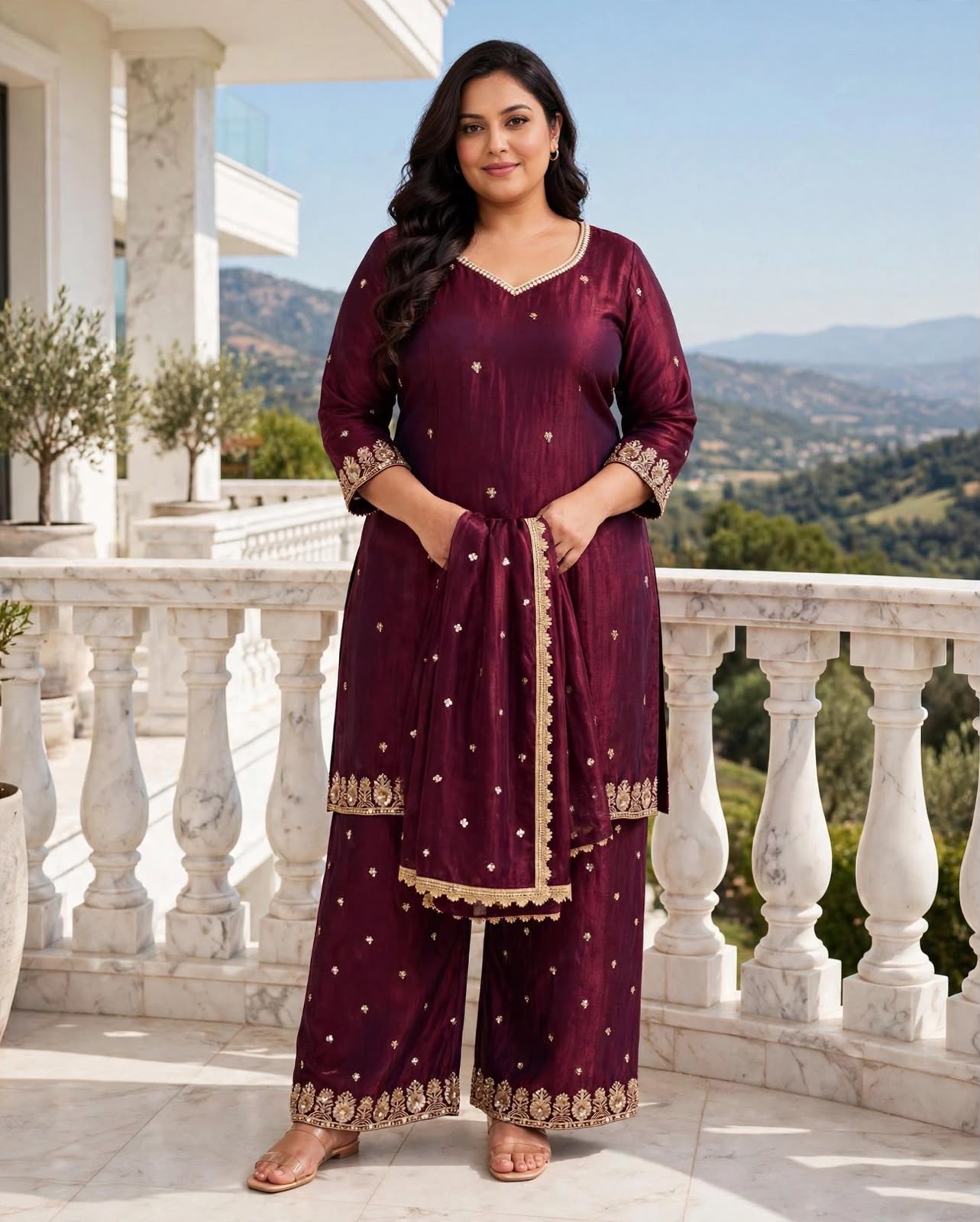 Women's 3-Piece Kurta Set with Palazzo, Duppata