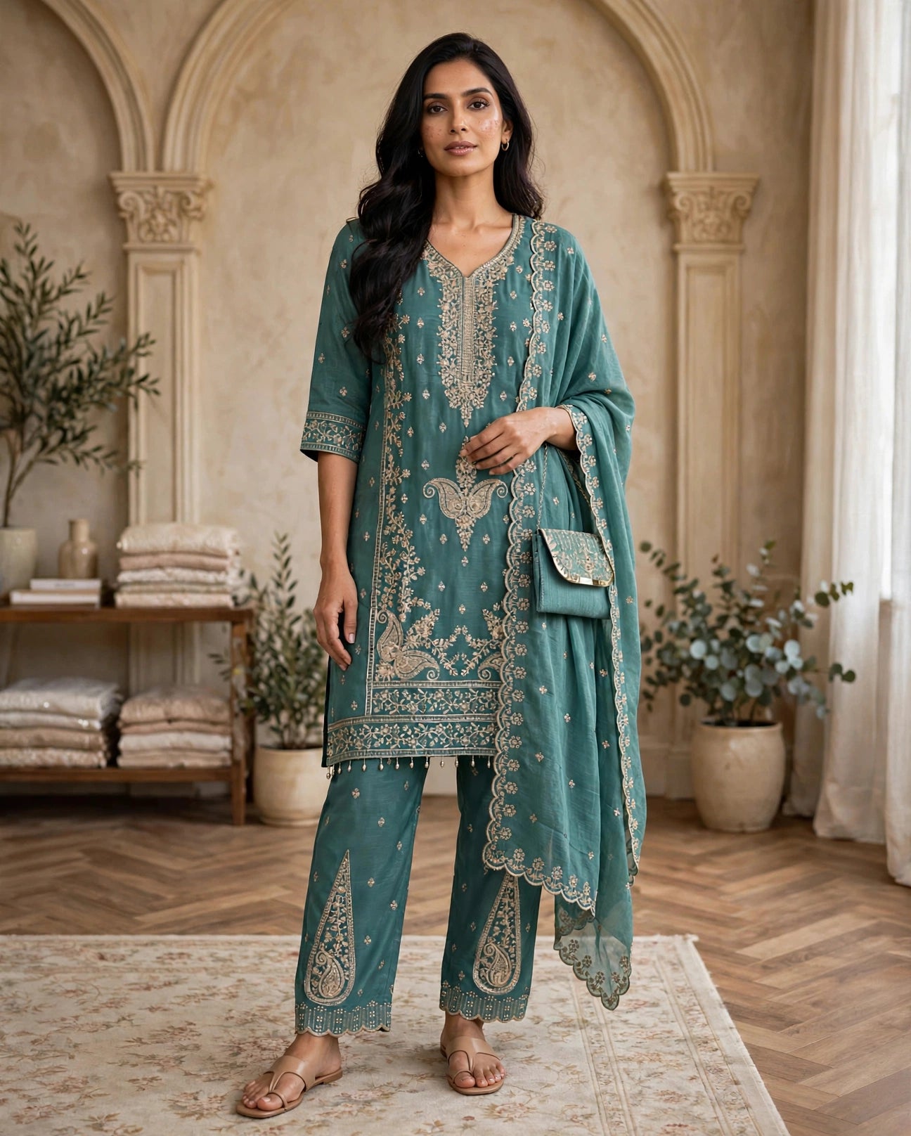 Women's 3-Piece Kurta Set with Palazzo, Duppata And Purse
