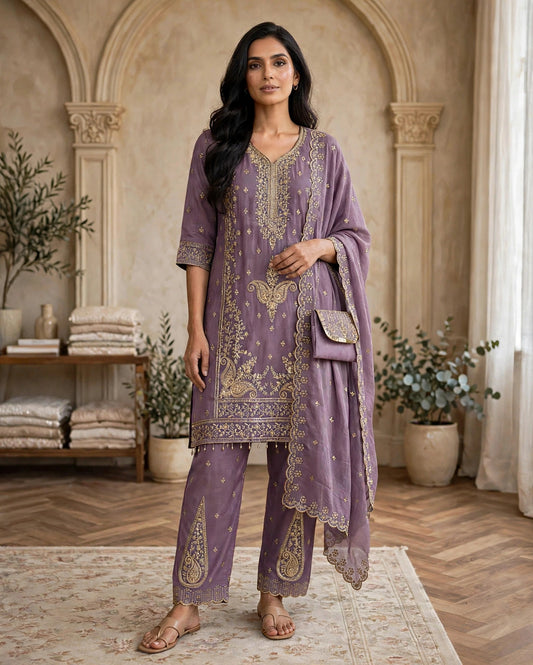 Women's 3-Piece Kurta Set with Palazzo, Duppata And Purse