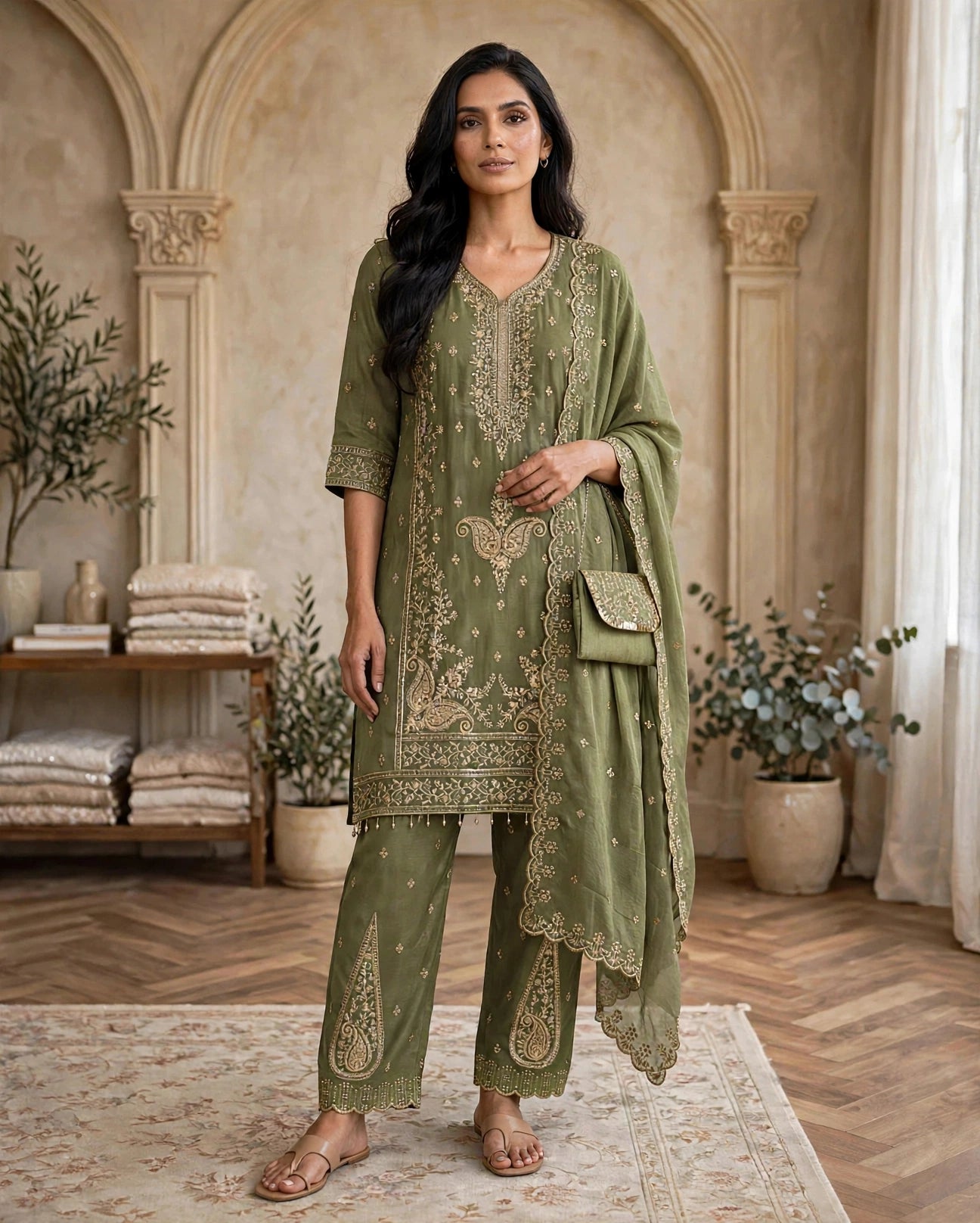 Women's 3-Piece Kurta Set with Palazzo, Duppata And Purse