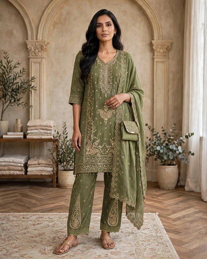Women's 3-Piece Kurta Set with Palazzo, Duppata And Purse