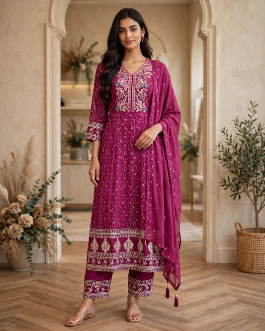 Women's 3-Piece Frock Kurta Set with Palazzo & Dupatta