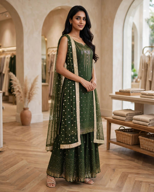 Women's Designer  3-Piece Kurta Set with Sharara & Dupatta