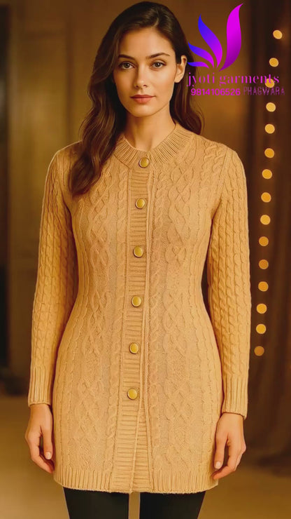 Women's Premium Cable Knit Woolen Cardigan – Front Button Long Winter Sweater