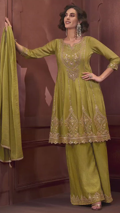 Women's 3-Piece Frock Kurta Set with Palazzo & Dupatta