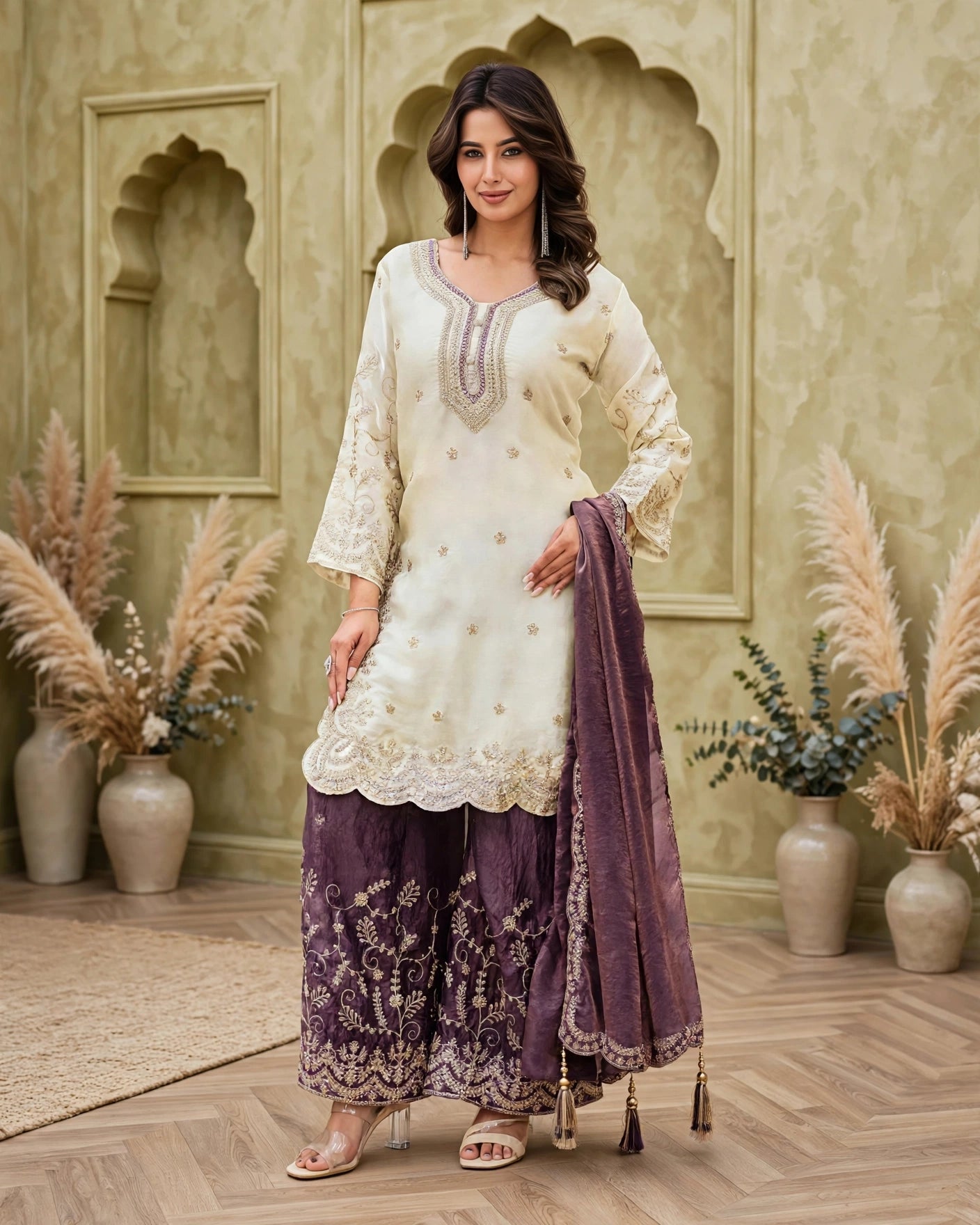 Women's 3-Piece Kurta Set with Palazzo & Dupatta