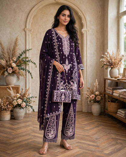 Women's 3-Piece Kurta Set with Palazzo, Duppata And Purse