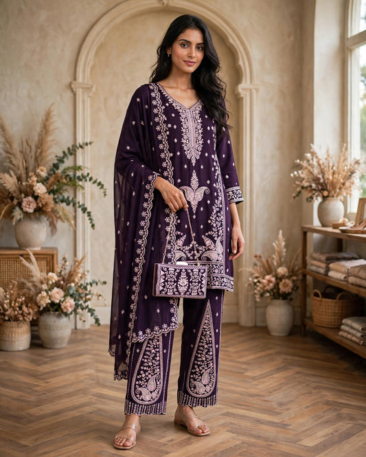 Women's 3-Piece Kurta Set with Palazzo, Duppata And Purse