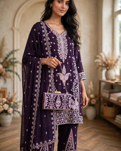 Women's 3-Piece Kurta Set with Palazzo, Duppata And Purse