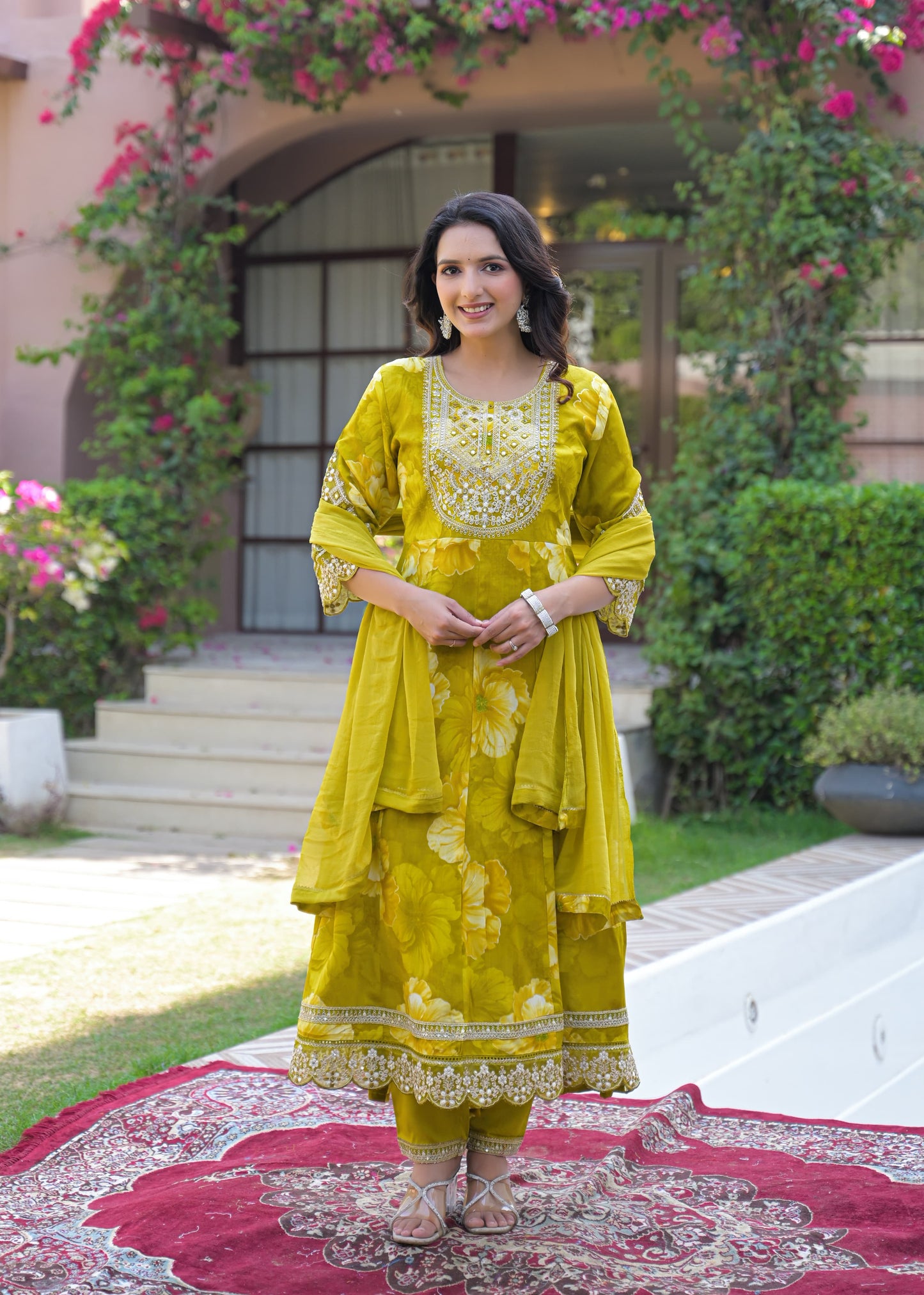 Women's 3-Piece Frock Kurta Set with Palazzo & Dupatta