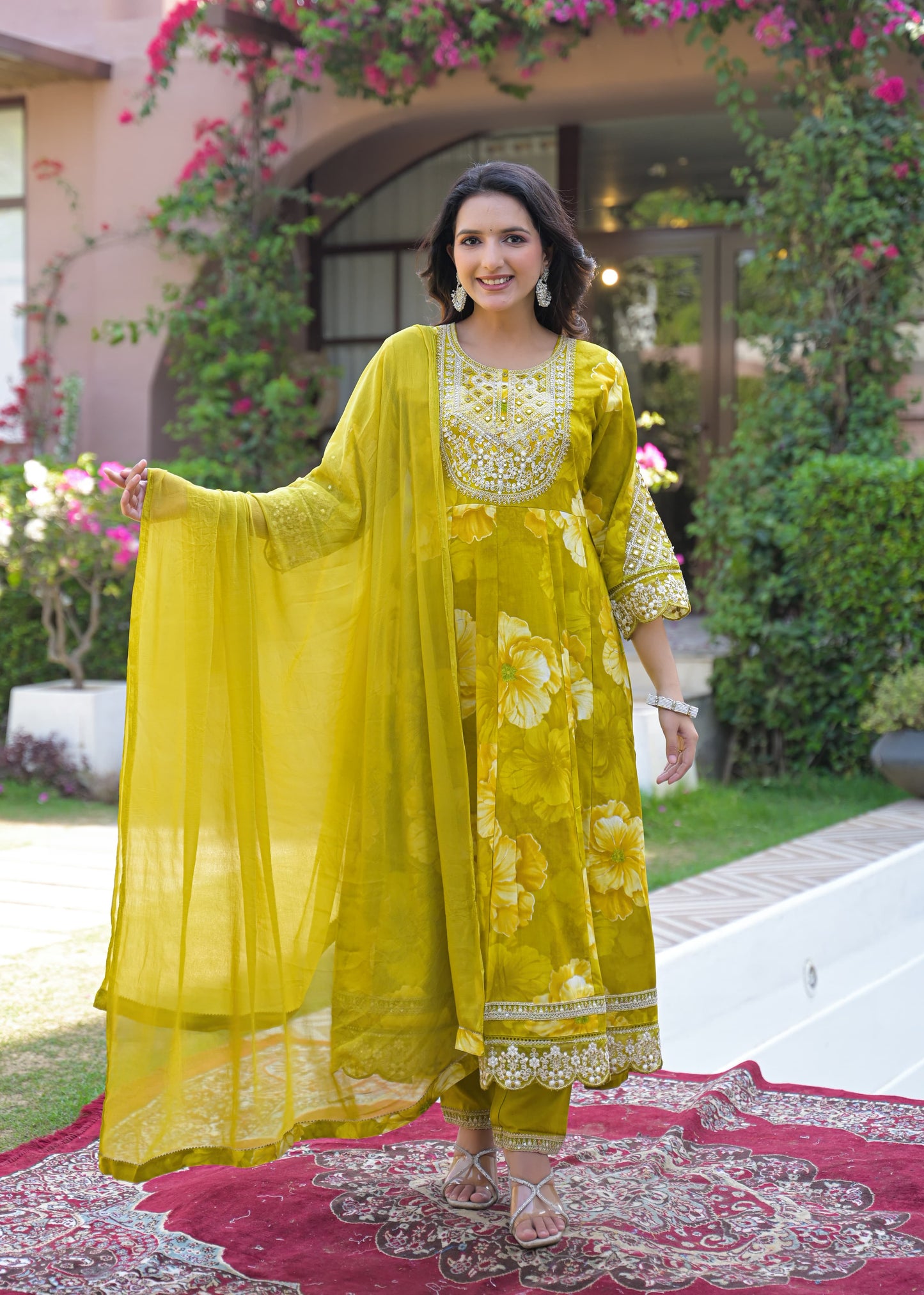 Women's 3-Piece Frock Kurta Set with Palazzo & Dupatta