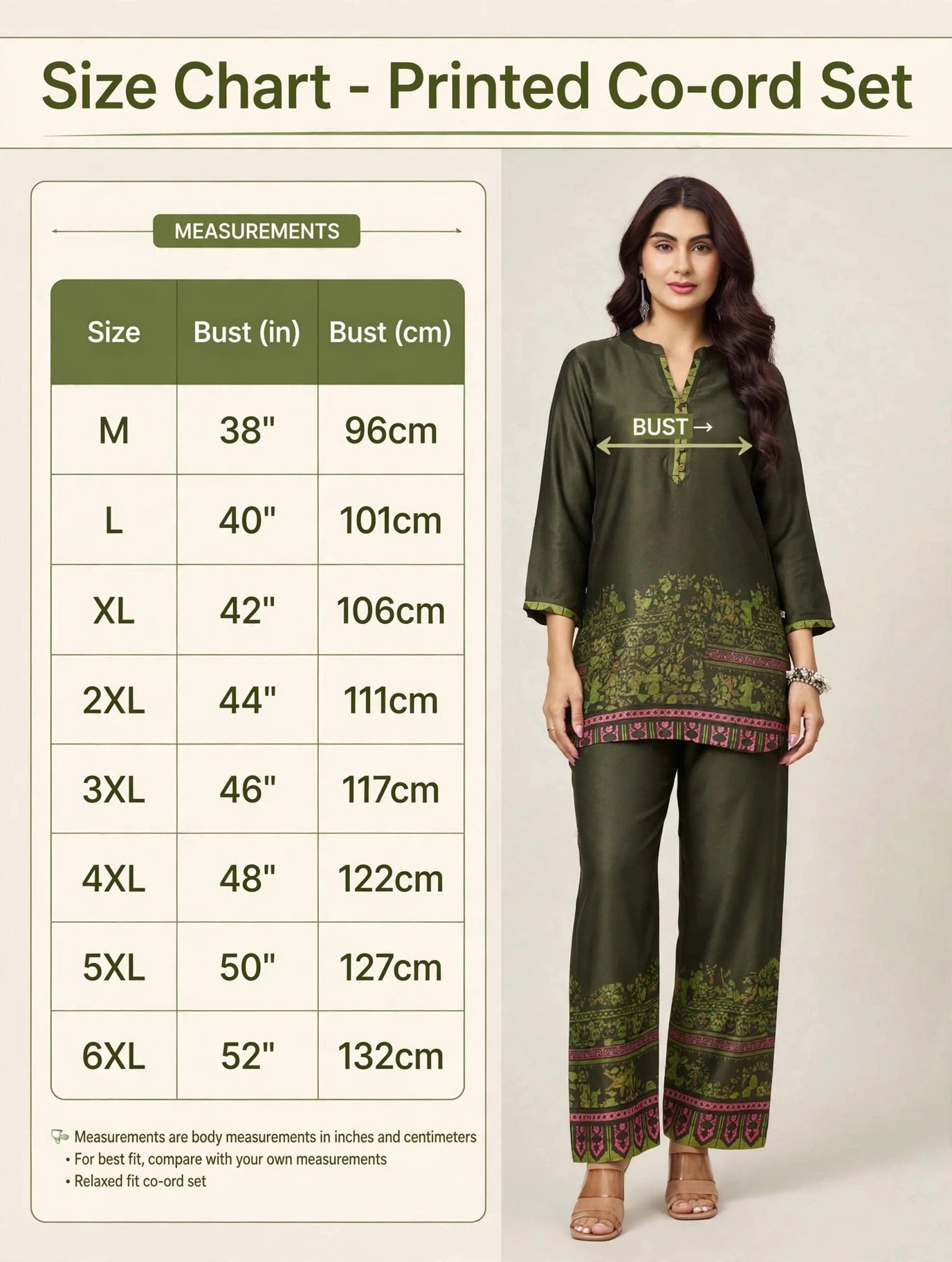 Women's Printed Premium Co-ord Set – Kurta & Pants Size Chart