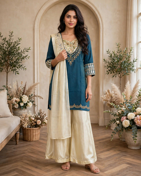 Women's 3-Piece Kurta Set with Palazzo & Dupatta